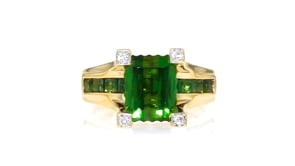 C. 1990 Vintage 4.60 ct. t.w. Green Tourmaline Ring with Diamonds in 18kt Yellow Gold