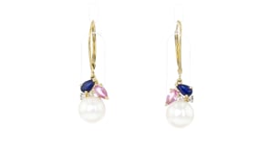 7-7.5mm Cultured Pearl and .60 ct. t.w. Multicolored Sapphire Drop Earrings with Diamonds in 18kt Gold Over Sterling