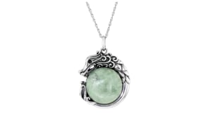 Jade Dragon Pendant Necklace with Single Black Sapphire in Sterling Silver
