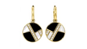 18kt Gold Over Sterling Hoop Earrings with Removable Onyx, Mother-of-Pearl and .90 ct. t.w. White Topaz Drops