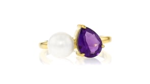 7-7.5mm Cultured Pearl and 1.80 Carat Amethyst Toi et Moi Ring in 18kt Gold Over Sterling