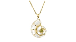 Mother-of-Pearl, 7-7.5mm Cultured Pearl and .30 Carat Peridot Shell Pendant in 14kt Yellow Gold
