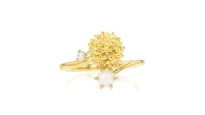 Marigold Flower/October Birthstone Ring with Opal and Single Lab-Grown Diamond in 18kt Gold Over Sterling