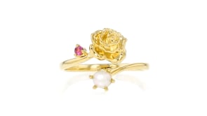 Rose Flower/June Birthstone Ring with 3.5-4mm Cultured Pearl and Single Rhodolite Garnet in 18kt Gold Over Sterling