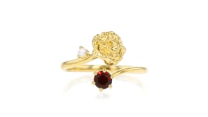 Carnation Flower/January Birthstone Ring with .30 Carat Garnet and Single Lab-Grown Diamond in 18kt Gold Over Sterling