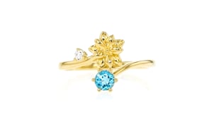 Poinsettia Flower/December Birthstone Ring with .20 Carat Swiss Blue Topaz and Single Lab-Grown Diamond in 18kt Gold Over Sterli
