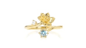 Daffodil Flower/March Birthstone Ring with .20 Carat Aquamarine and Single Lab-Grown Diamond in 18kt Gold Over Sterling