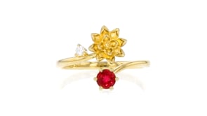 Waterlily Flower/July Birthstone Ring with .20 Carat Lab-Grown Ruby and Single Lab-Grown Diamond in 18kt Gold Over Sterling