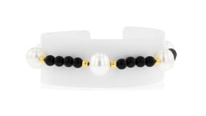 8-8.5mm Cultured Pearl and 4-4.5mm Onyx Bead Bracelet in 18kt Gold Over Sterling
