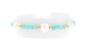 8-8.5mm Cultured Pearl and 4-4.5mm Amazonite Bead Bracelet in 18kt Gold Over Sterling