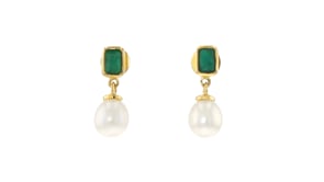 1.30 ct. t.w. Emerald and 8.5-9mm Cultured Pearl Drop Earrings in 18kt Gold Over Sterling