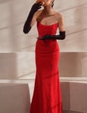 Video: Draped chiffon strapless long strapless wedding guest dress