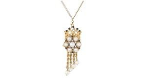 C. 1950 Vintage 5.5-6.5mm Cultured Pearl and .80 ct. t.w. Sapphire Pin/Pendant Necklace with .15 ct. t.w. Diamonds in 14kt Yello