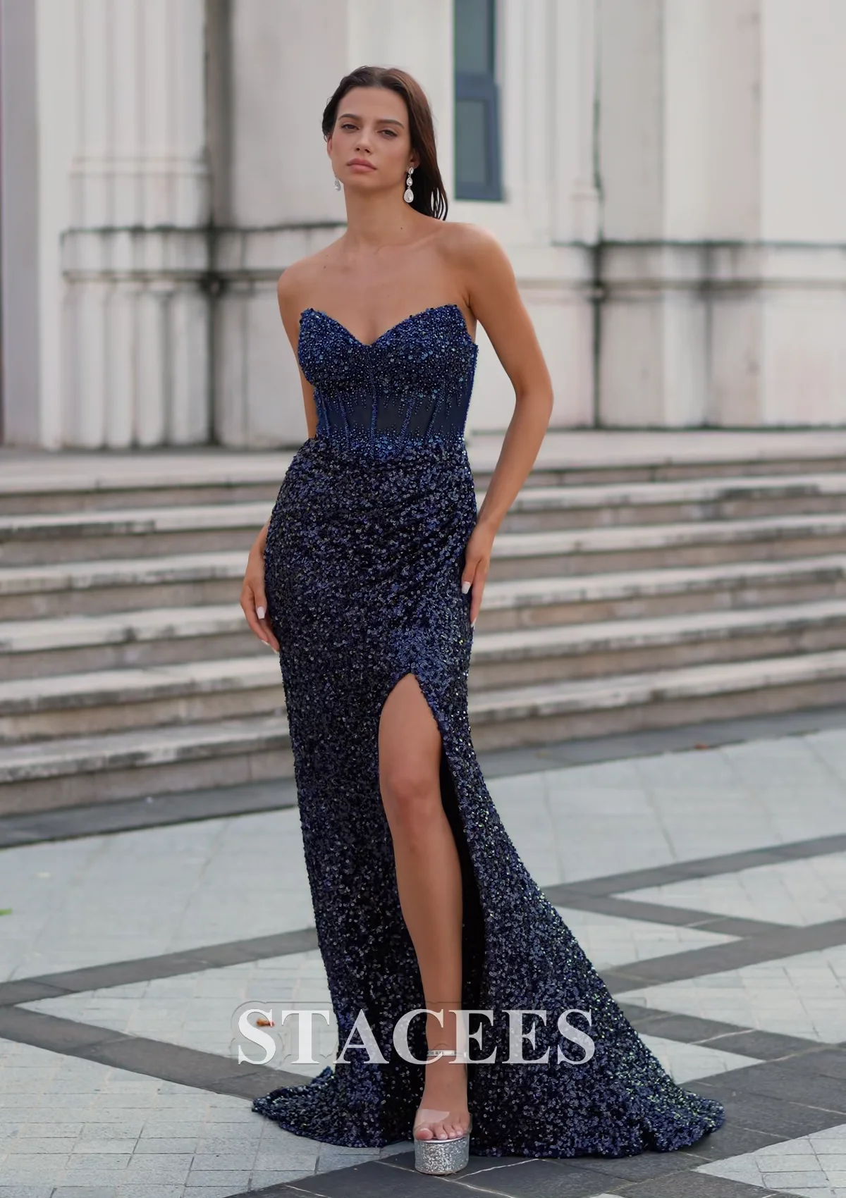 open lace back dress Flower Applique Ruched Skirt Tulle Gown Sky Blue main image 0