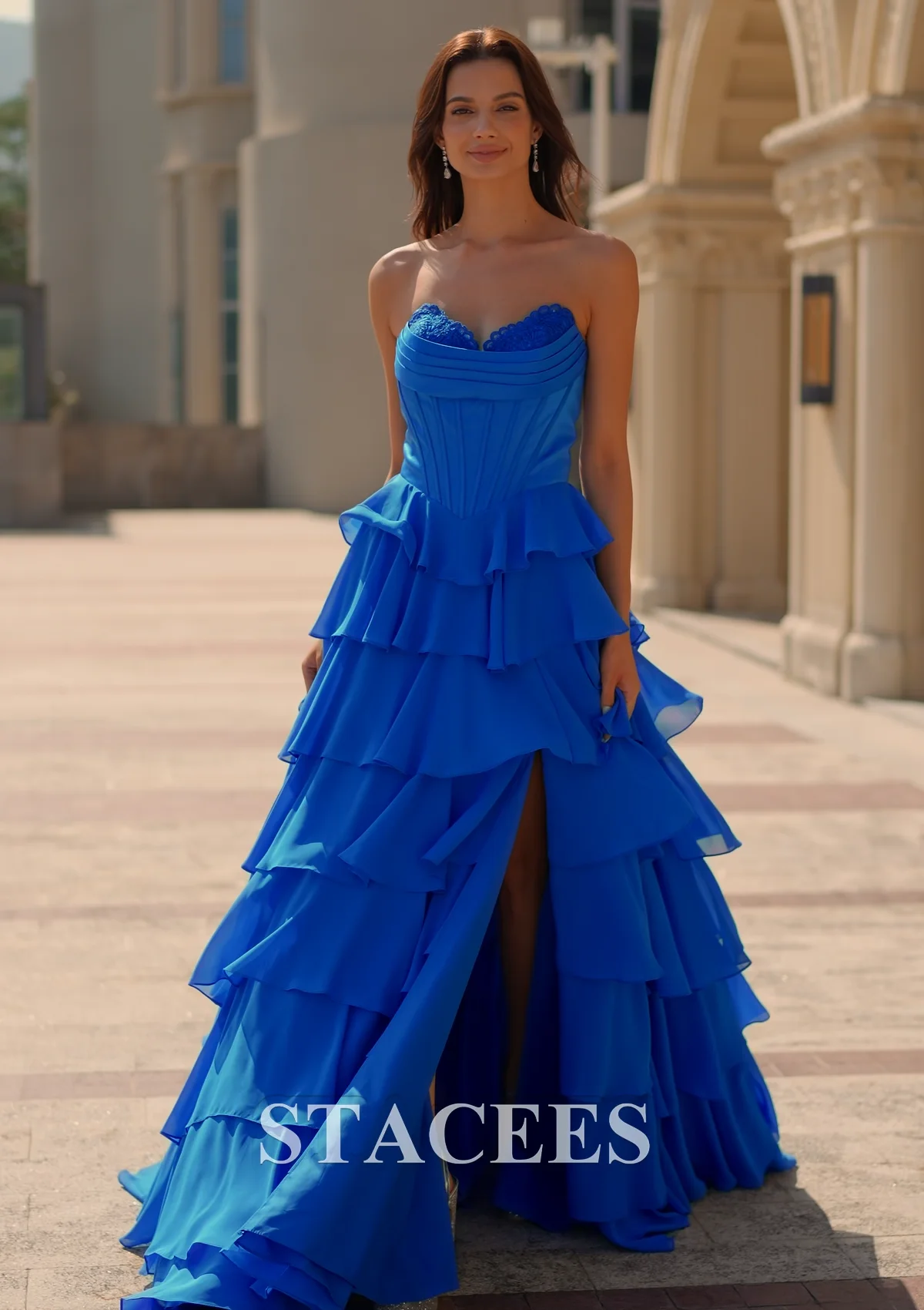 dress blue d A-line Strapless Cowl Neck Basque Waist Corset Ruffle Prom with Slit S9092P - Prom Dresses The perfect choice for minimalist luxury Sevila Long Sleeve Mini XXS-4XB:M