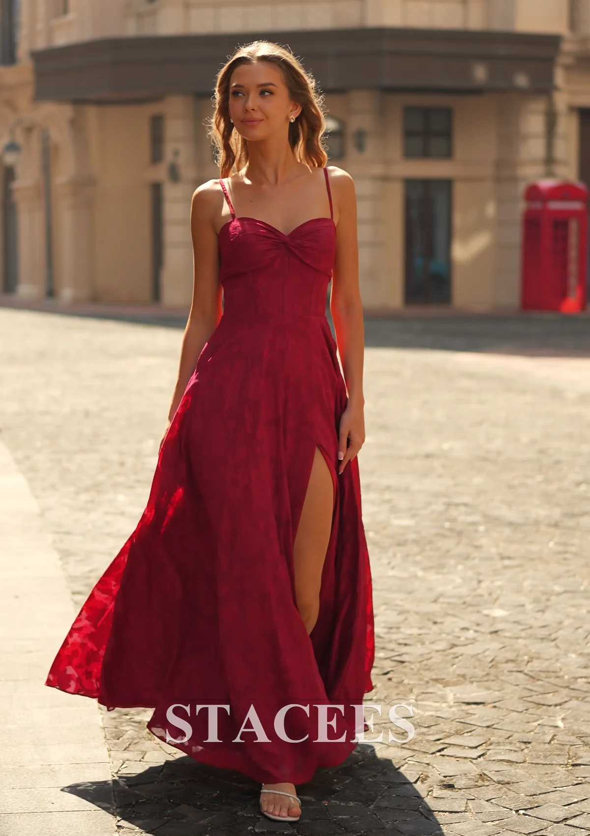 Stacees 2026 A-Line Spaghetti Strap Jacquard Prom Dress with Ruched Bodice Slit