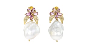 12-15mm Cultured Baroque Pearl and 2.00 ct. t.w. Amethyst Floral Drop Earrings with .30 ct. t.w. White Topaz in 18kt Gold Over S