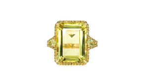 10.00 Carat Lemon Quartz Ring with .30 ct. t.w. Peridots and .36 ct. t.w. Yellow Diamonds in 14kt Yellow Gold