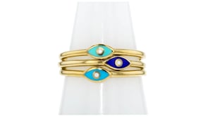 18kt Gold Over Sterling Jewelry Set: Three Tonal Blue Enamel Evil Eye Rings