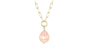 Italian 10-11mm Peach Cultured Baroque Pearl Paper Clip Link Necklace in 18kt Gold Over Sterling