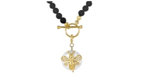 6-13mm Cultured Coin Pearl and .10 ct. t.w. White Topaz Bumblebee Charm with Citrine in 18kt Gold Over Sterling