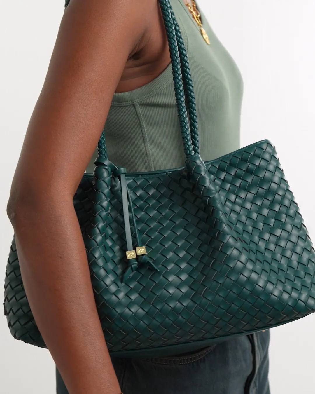 Nova Woven Small Shoulder Tote Bag in Teal Green | Vegan leather