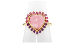 Pink Opal Heart Ring with .20 ct. t.w. Pink Tourmalines and .10 ct. t.w. Amethysts in 18kt Gold Over Sterling