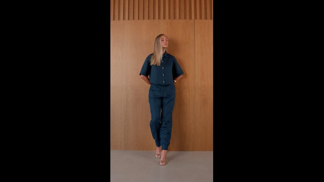 Camisa Cropped Manga Curta 100% Linho | Marina - Marinho