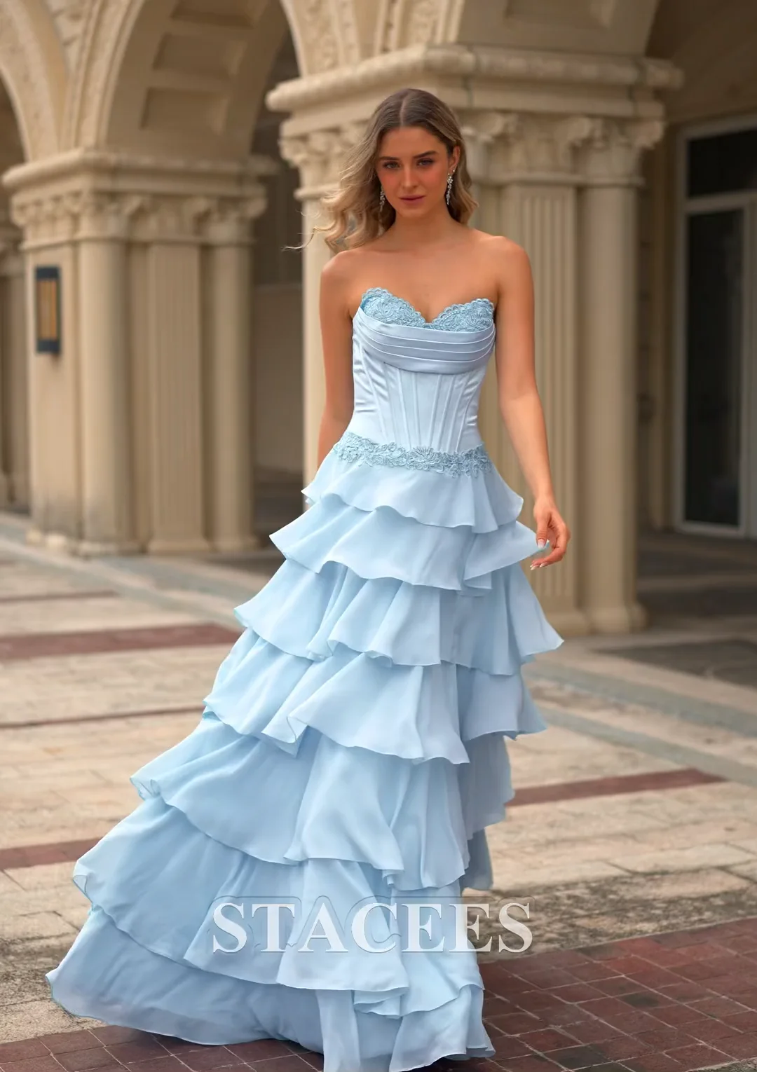 A-line Pleated Strapless Corset Tiered Ruffle Chiffon Prom Dress
