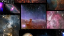Freeze-frame from video, showing space image of Betelgeuse near the three stars of Orion's Belt, with a inset image from another telescope showing Betelgeuse with its companion star. Script text and date appear on the right side of the image.
