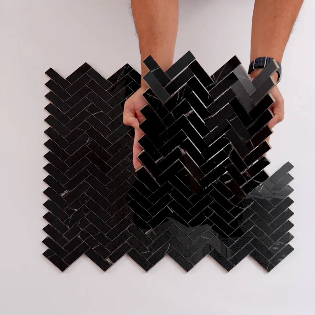 Azra Nero Black Herringbone Porcelain Mosaic Tile | Perfect for
