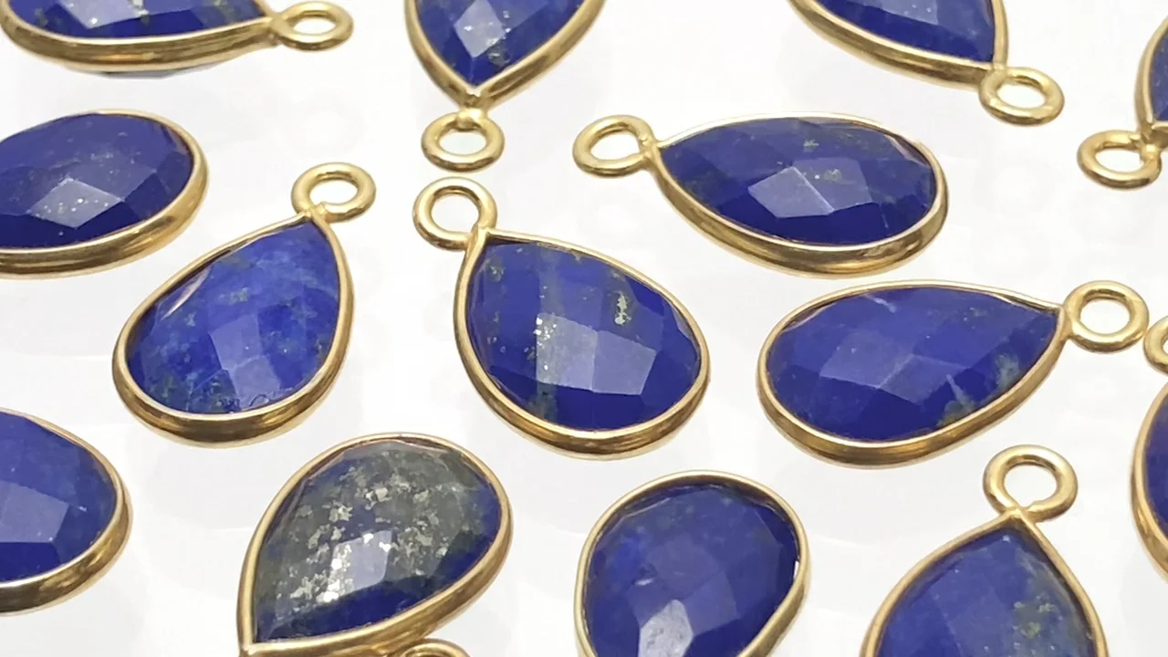 動画】ラピスラズリAAA- 枠留めペアシェイプカット13×9mm 18KGP 2個