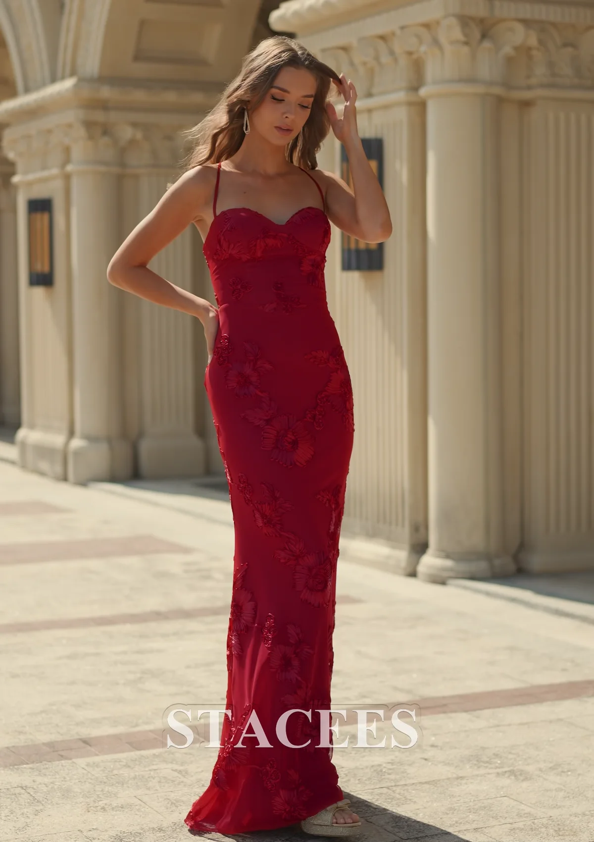 Fitted Floral Jacquard Spaghetti Strap Prom Gown with Open Lace-Up 