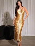 Vídeo: Vestido midi dorado con flecos y strass para invitada elegante