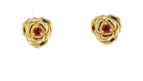 4.20 ct. t.w. Ruby and .30 ct. t.w. Rhodolite Garnet Jewelry Set: Heart and Flower Earrings in 18kt Gold Over Sterling