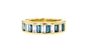 .90 ct. t.w. London Blue Topaz and .69 ct. t.w. Lab-Grown Diamond Ring in 18kt Gold Over Sterling