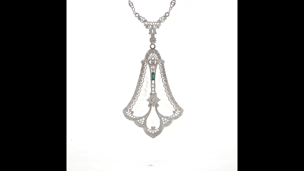 Antique Art Deco Camphor Glass Pendant 14k White Gold – Filigree 