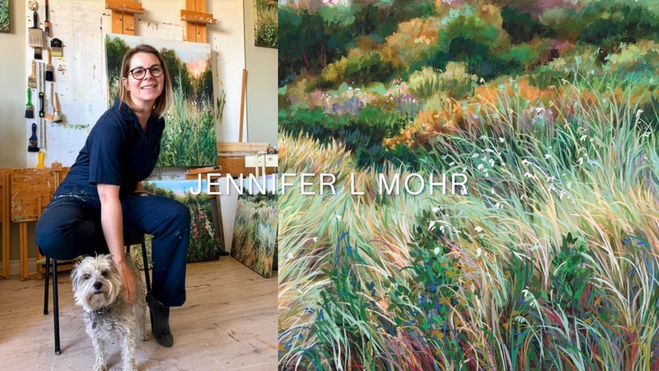 Jennifer and her dog in the art studio.