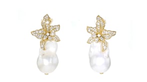 Italian 13-18mm Baroque Pearl and 1.80 ct. t.w. CZ Flower Earrings in 18kt Gold Over Sterling