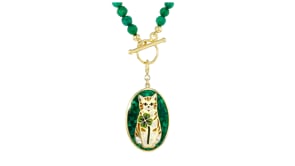 Mother-of-Pearl, Malachite and Multicolored Enamel Cat with Clover Mosaic Charm in 18kt Gold Over Sterling