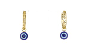 18kt Gold Over Sterling Filigree Huggie Hoop Earrings with Removable Multicolored Enamel Evil Eye Charms