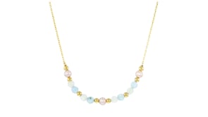 1.80 ct. t.w. Aquamarine and 4-4.5mm Prehnite Bead Station Necklace with 4.5-5mm Cultured Pearls in 18kt Gold Over Sterling