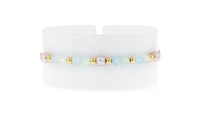 1.80 ct. t.w. Aquamarine and 4-4.5mm Prehnite Bead Bracelet with 4.5-5mm Cultured Pearls in 18kt Gold Over Sterling