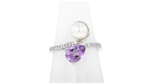 6mm Cultured Pearl and 1.00 Carat Amethyst Bypass Ring with .10 ct. t.w. Lab-Grown Diamonds in Sterling Silver