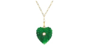 Carved Jade Heart Paper Clip Link Y-Necklace with Single Lab-Grown Diamond in 18kt Gold Over Sterling