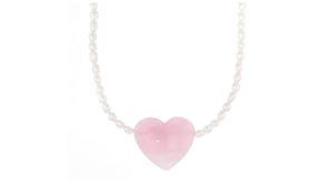 4-4.5mm Cultured Pearl and 55.00 Carat Rose Quartz Heart Necklace with 18kt Gold Over Sterling