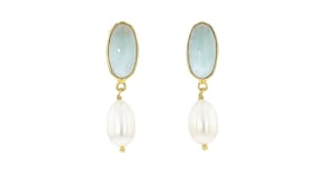 7.5-8mm Cultured Pearl and 7.75 ct. t.w. Milky Aquamarine Drop Earrings in 18kt Gold Over Sterling