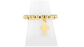 3mm 14kt Yellow Gold Bead Stretch Ring with Cross Charm