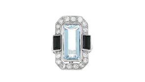 C. 2000 Vintage 4.25 Carat Aquamarine and Onyx Ring with .75 ct. t.w. Diamonds in Platinum