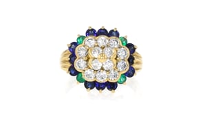 C. 1990 Vintage 1.33 ct. t.w. Diamond, 1.20 ct. t.w. Sapphire and .25 ct. t.w. Emerald Cluster Ring in 18kt Yellow Gold